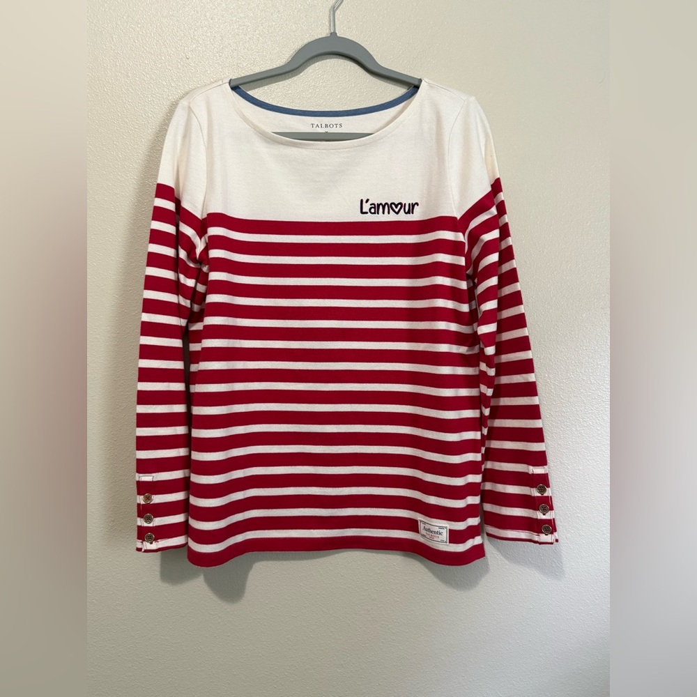 Talbots L'Amour Stripe Shirt cotton button detail Bateau neck womenโs Medium